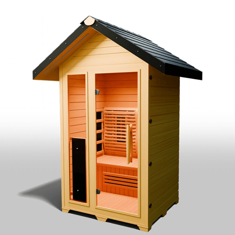 Medical Saunas Nature 5 Outdoor Infrared Sauna front view angled slightly left, level view through the windows to the warmly lit inside showing the seating and floor