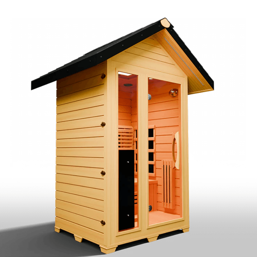 Medical Saunas Nature 5 Outdoor Infrared Sauna front view angled slightly right and upward, view through the windows to the warmly lit inside including partial inside ceiling and floor