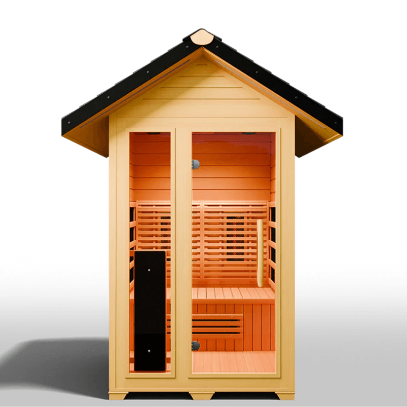 Medical Saunas Nature 5 Outdoor Infrared Sauna front view square on, view through the windows to the warmly lit inside
