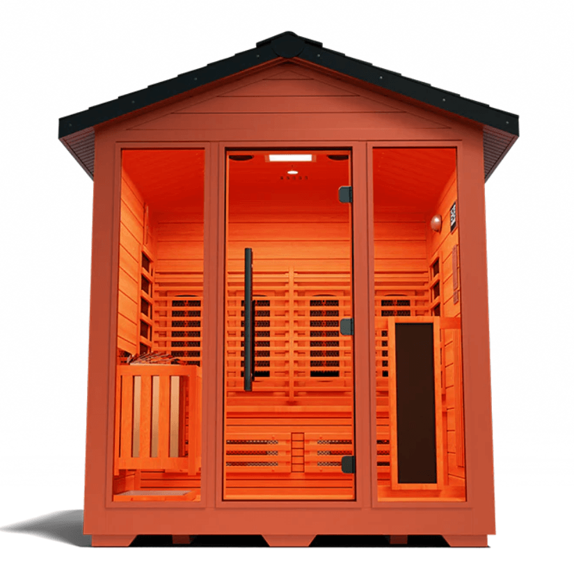 Medical Saunas Nature 7 Outdoor Infrared and Steam Sauna front view square on upward angle warm lighting on inside view of ceiling inside