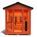 Medical Saunas Nature 7 Outdoor Infrared and Steam Sauna front view square on with good view of floor inside  and partial view of ceiling, warm lighting on inside