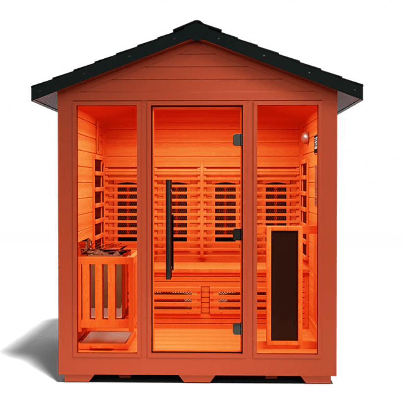 Medical Saunas Nature 7 Outdoor Infrared and Steam Sauna front view square on with good view of floor inside  and partial view of ceiling, warm lighting on inside