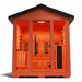 Medical Saunas Nature 7 Outdoor Infrared and Steam Sauna front view square on upward angle with good view of ceiling inside, warm lighting on inside