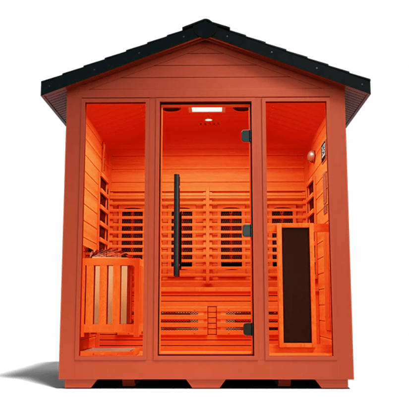 Medical Saunas Nature 7 Outdoor Infrared and Steam Sauna front view square on upward angle with good view of ceiling inside, warm lighting on inside