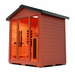Medical Saunas Nature 7 Outdoor Infrared and Steam Sauna front view angled very left so right side in view, slightly upward angle with partial view of ceiling inside warm lighting on inside