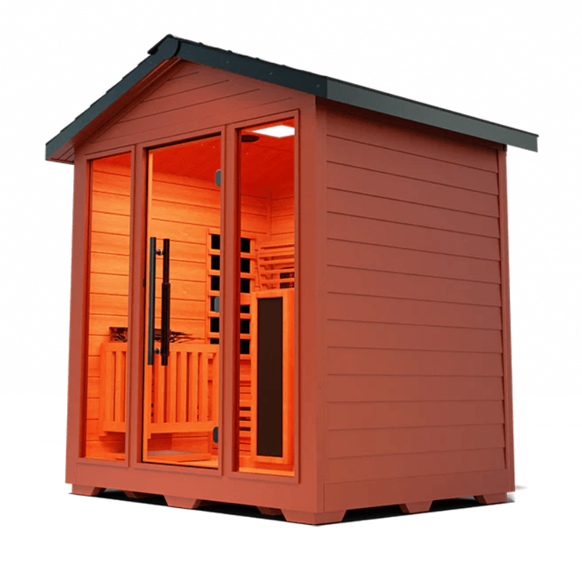 Medical Saunas Nature 7 Outdoor Infrared and Steam Sauna front view angled very left so right side in view, slightly upward angle with partial view of ceiling inside warm lighting on inside