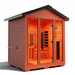 Medical Saunas Nature 7 Outdoor Infrared and Steam Sauna front view angled right with good view of floor inside  and partial view of ceiling, warm lighting on inside