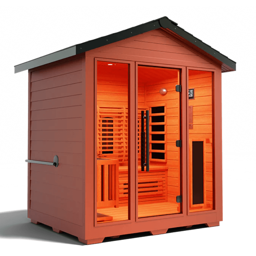 Medical Saunas Nature 7 Outdoor Infrared and Steam Sauna front view angled right with good view of floor inside  and partial view of ceiling, warm lighting on inside
