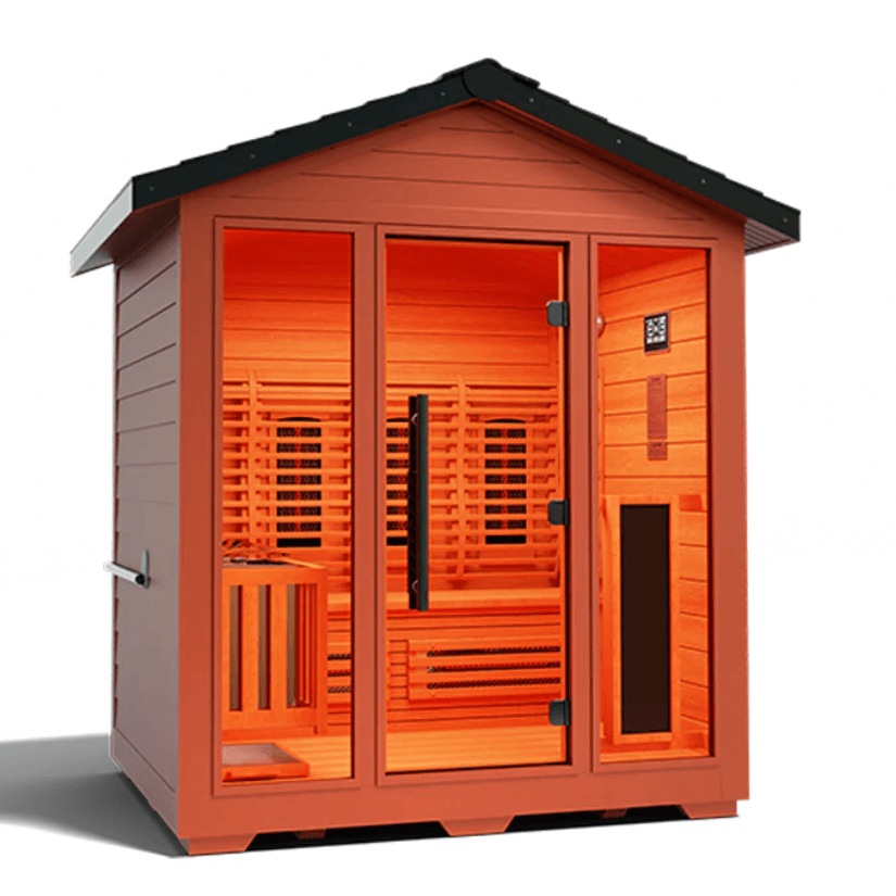 Medical Saunas Nature 7 Outdoor Infrared and Steam Sauna front view angled slightly right with partial view of floor and ceiling inside, warm lighting on inside