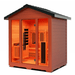 Medical Saunas Nature 7 Outdoor Infrared and Steam Sauna front view angled slightly left so right side in view, square on angle with partial view of ceiling and floor inside warm lighting on inside