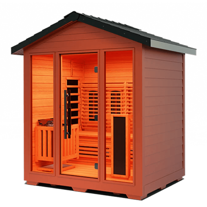 Medical Saunas Nature 7 Outdoor Infrared and Steam Sauna front view angled slightly left so right side in view, square on angle with partial view of ceiling and floor inside warm lighting on inside