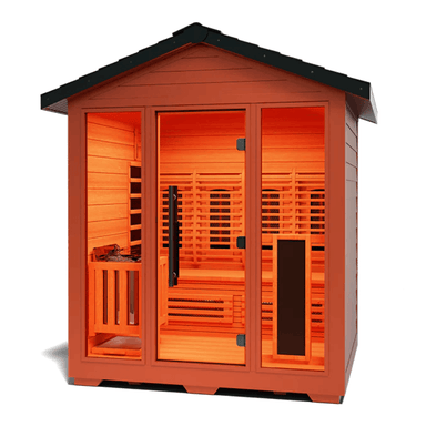 Medical Saunas Nature 7 Outdoor Infrared and Steam Sauna front view angled slightly left view of floor inside warm lighting on inside