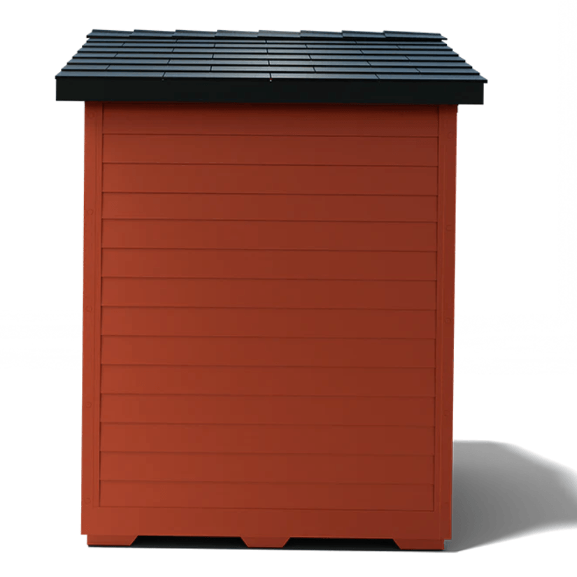 Medical Saunas Nature 7 Outdoor Infrared and Steam Sauna side view square on showing wood side panel and one half of sloping dark roof panel