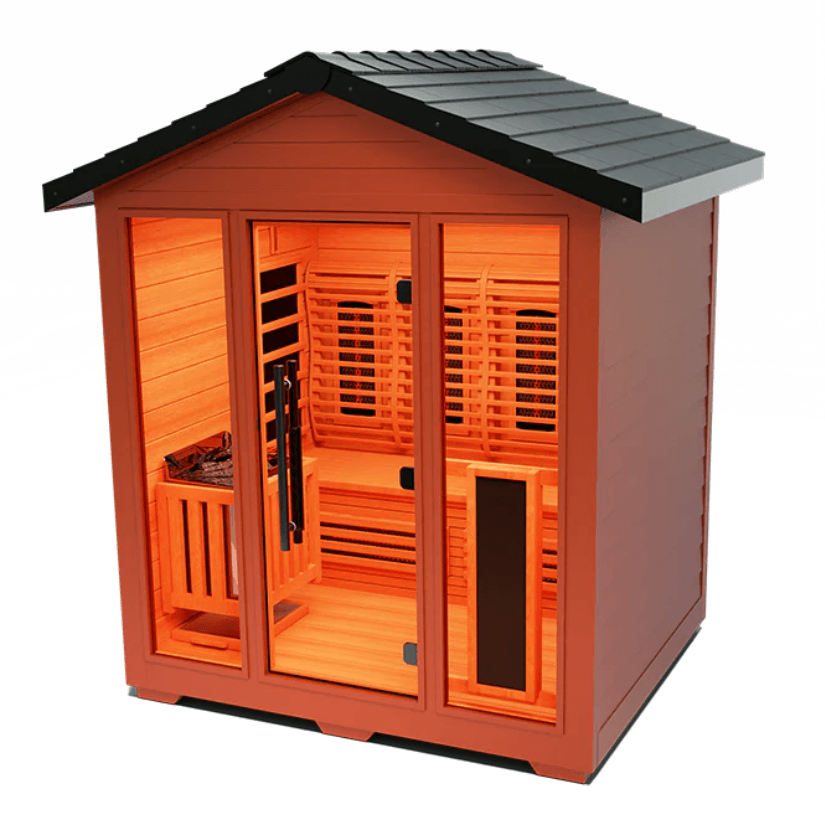 Medical Saunas Nature 7 Outdoor Infrared and Steam Sauna front view angled slightly left so right side in view, very downward angle with good view of floor inside warm lighting on inside
