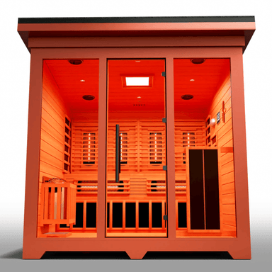 Medical Saunas Nature X Outdoor Infrared and Steam Sauna image from front straight on and upward with good view of inside including ceiling with warm lighting inside