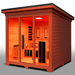 Medical Saunas Nature X Outdoor Infrared and Steam Sauna image from front angled slightly left good view of inside including ceiling and floor with warm lighting inside