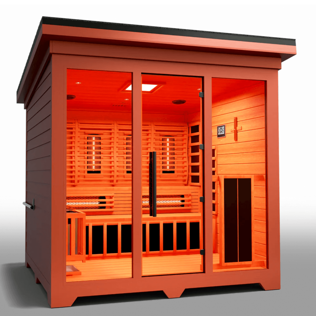 Medical Saunas Nature X Outdoor Infrared and Steam Sauna image from front angled slightly right good view of inside including ceiling and floor with warm lighting inside