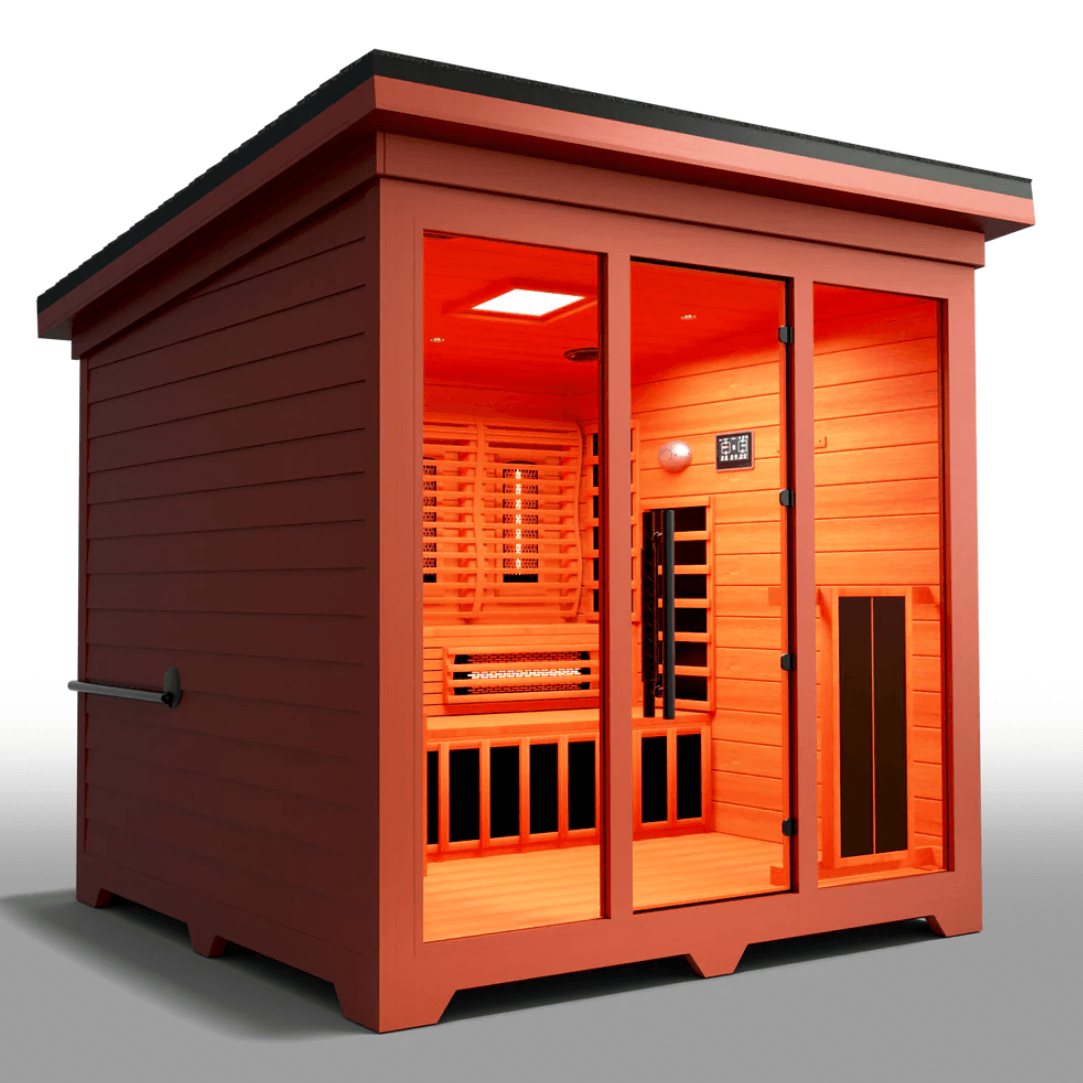 Medical Saunas Nature X Outdoor Infrared and Steam Sauna image from front angled significantly right good view of inside including ceiling and floor with warm lighting inside