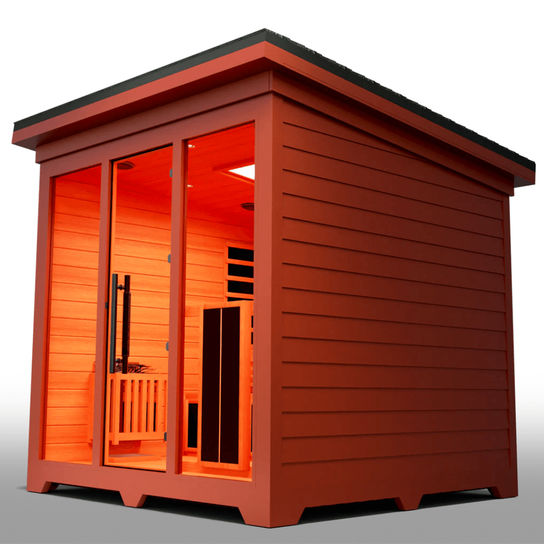 Medical Saunas Nature X Outdoor Infrared and Steam Sauna image from front angled significantly left partial view of inside including ceiling and floor with warm lighting inside and full view of the right side from outside showing horizontal wooden plank appearance