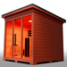 Medical Saunas Nature X Outdoor Infrared and Steam Sauna image from front angled significantly left partial view of inside including ceiling and floor with warm lighting inside and full view of the right side from outside showing horizontal wooden plank appearance