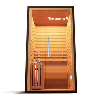 Medical Saunas Traditional 5 Steam Sauna view from the front, square on very upward angle with good view of inside including whole of ceiling, with warm yellow lighting inside