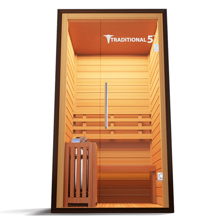 Medical Saunas Traditional 5 Steam Sauna view from the front, square on and angled very upwards with good view of inside including side of heater and complete with warm yellow lighting inside