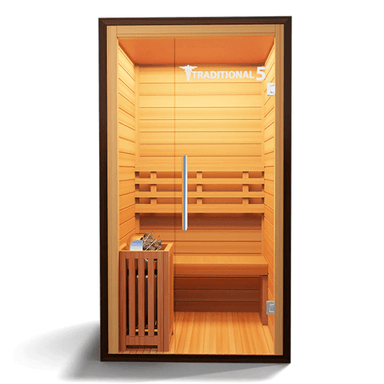 Medical Saunas Traditional 5 Steam Sauna view from the front, square on with good view of inside including ceiling and floor and warm yellow lighting inside