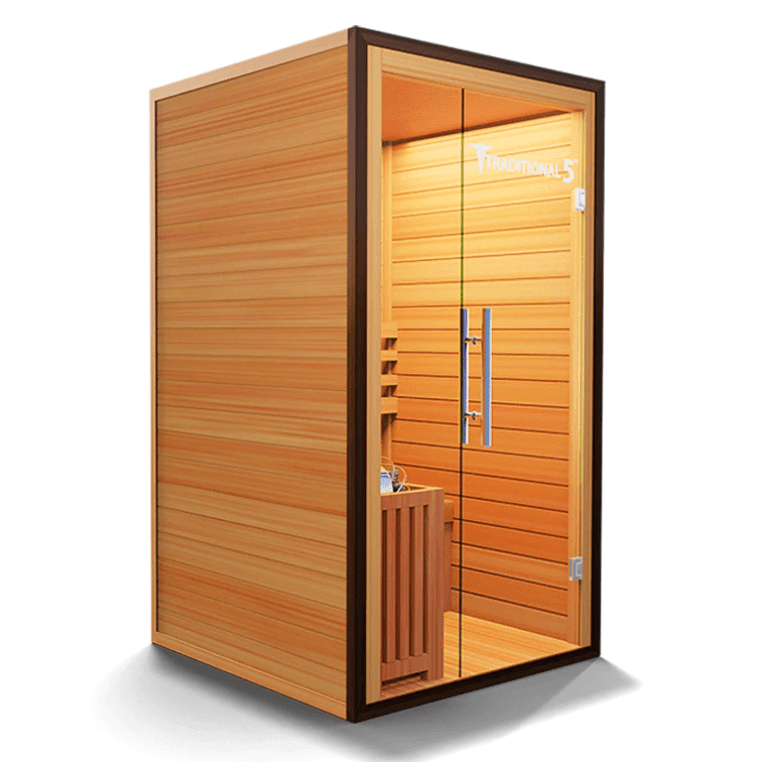 Medical Saunas Traditional 5 Steam Sauna view from the front left corner with limited view of inside and good view of outside left side