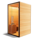 Medical Saunas Traditional 5 Steam Sauna view from the front left corner with partial view of inside including heater with warm yellow lighting inside and good view of outside right side