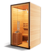 Medical Saunas Traditional 5 Steam Sauna view from the front, angled significantly left with good view of inside including heater ceiling and floor with warm yellow lighting inside and good view of outside right side