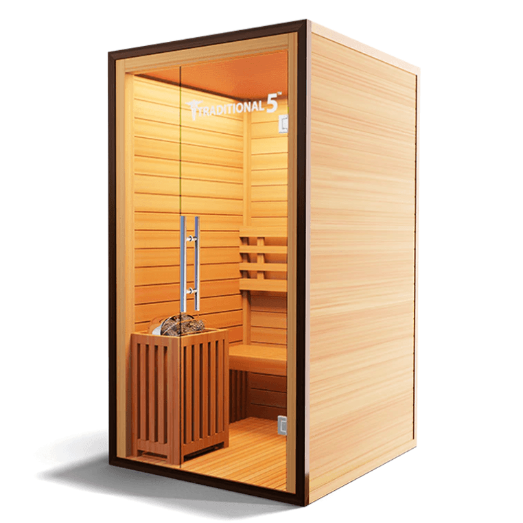 Medical Saunas Traditional 5 Steam Sauna view from the front, angled significantly left with good view of inside including heater ceiling and floor with warm yellow lighting inside and good view of outside right side