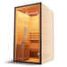 Medical Saunas Traditional 5 Steam Sauna view from the front, angled left with good view of inside including heater ceiling and floor with warm yellow lighting inside