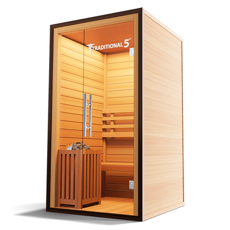 Medical Saunas Traditional 5 Steam Sauna view from the front, angled left with good view of inside including heater ceiling and floor with warm yellow lighting inside