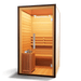 Medical Saunas Traditional 5 Steam Sauna view from the front, angled left with good view of inside including heater ceiling and floor with warm yellow lighting inside