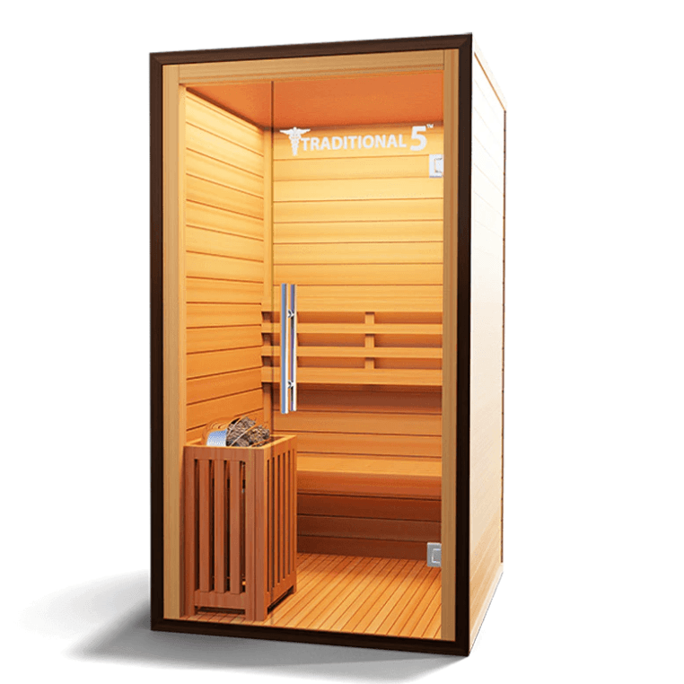 Medical Saunas Traditional 5 Steam Sauna view from the front, angled left with good view of inside including heater ceiling and floor with warm yellow lighting inside