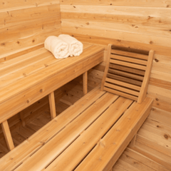 Dundalk Luna Sauna inside view 2 benches and towels
