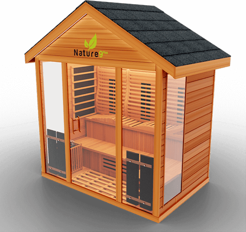 Image of Medical Saunas Nature 9 Plus Outdoor Infrared and Steam Sauna front view angled downwards